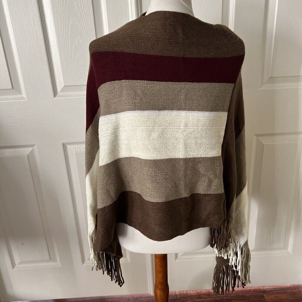 Womens Poncho Cape Sweater OSFM Stripes Wool Blend Fringe Colorblock 70s Retro